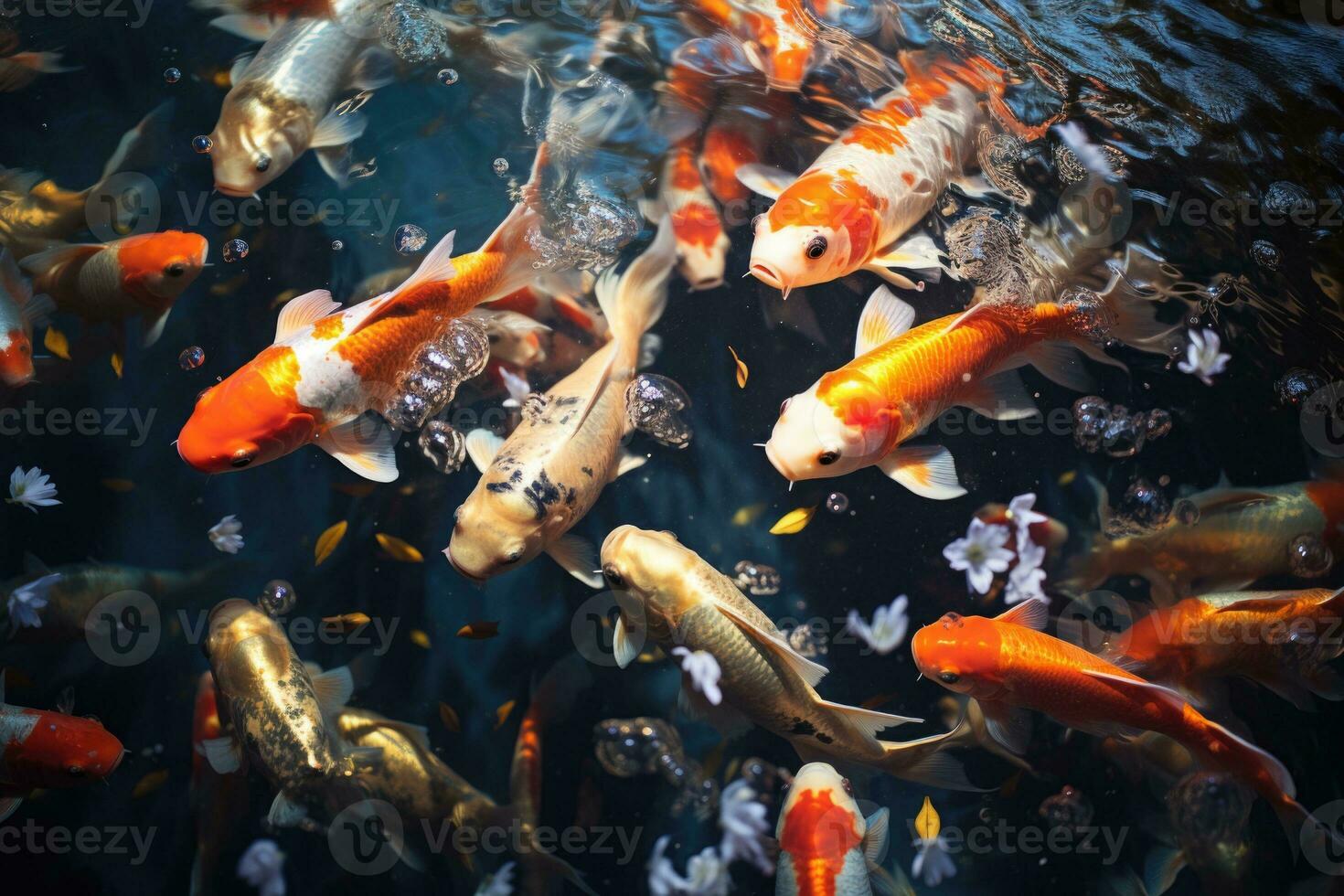 AI generated Group of Koi fish swim in a pond with clear water photo