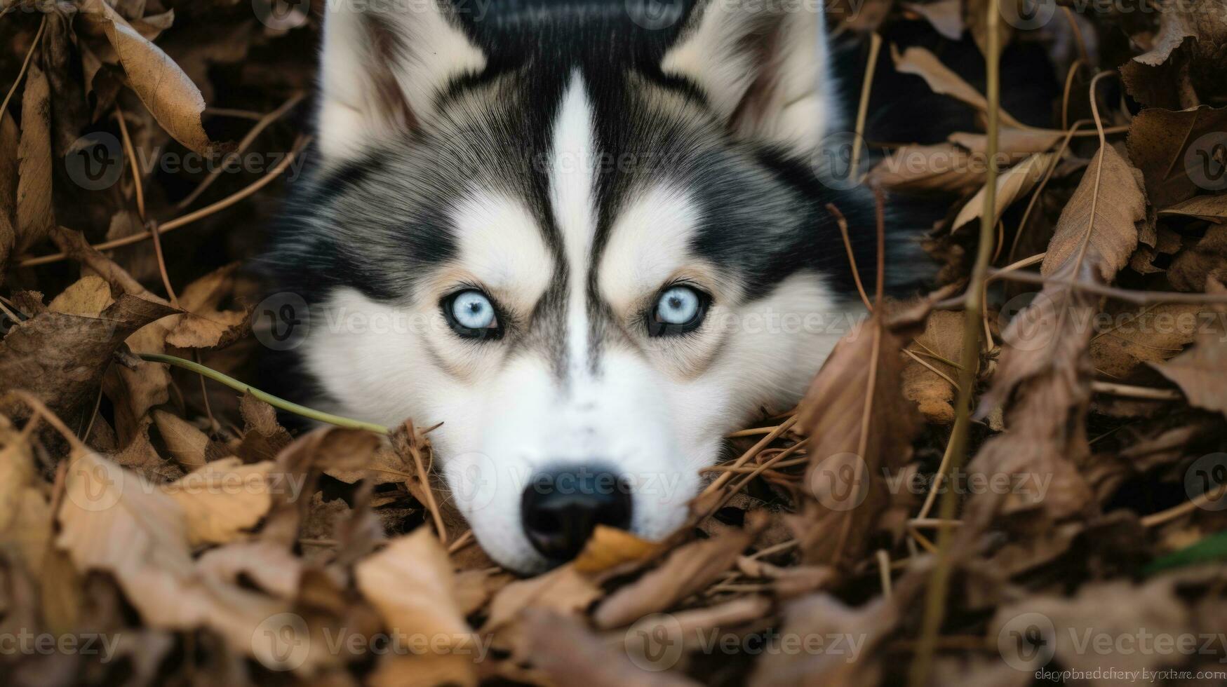 ai generado siberiano fornido ocultación detrás seco hojas foto