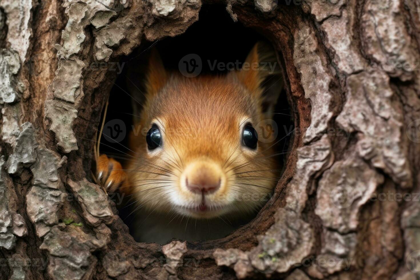 AI generated a cute squirrel peeks out of a tree hole photo