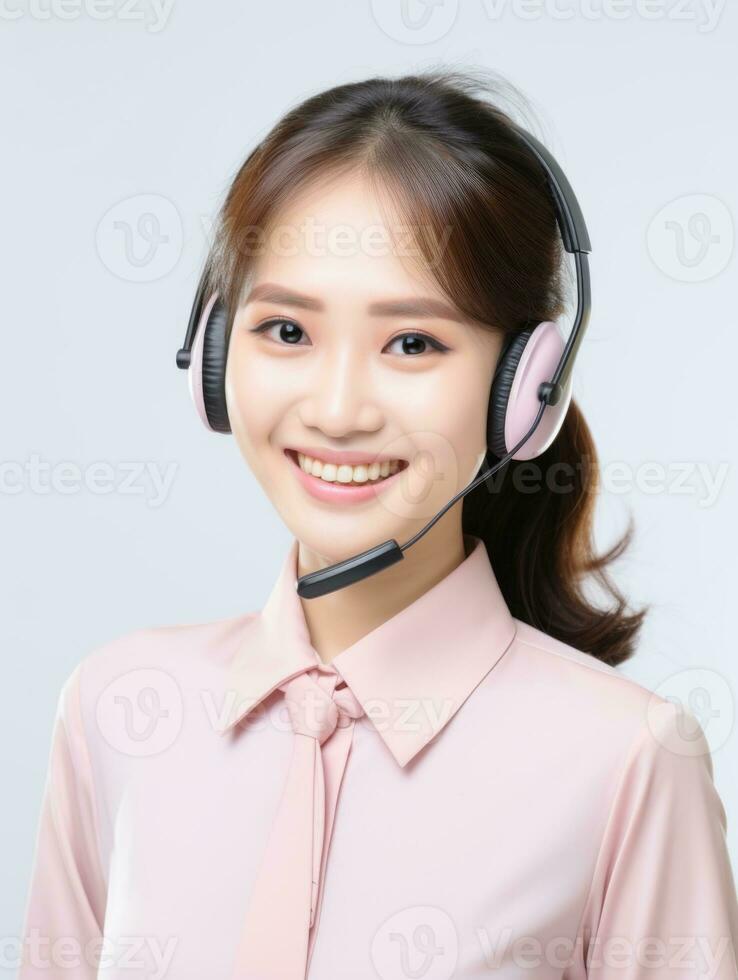 AI generated Beautiful smiling Korean call center worker with headphones standing with isolated white background photo