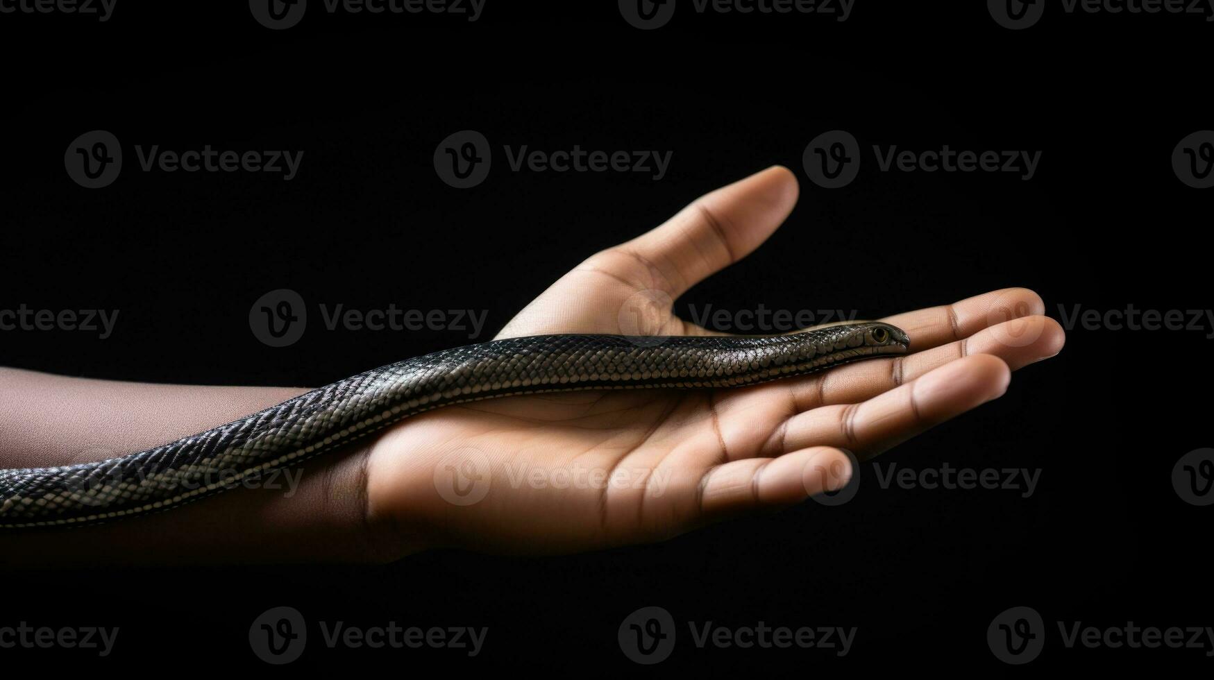 ai generado mano participación un negro serpiente, aislado negro antecedentes foto