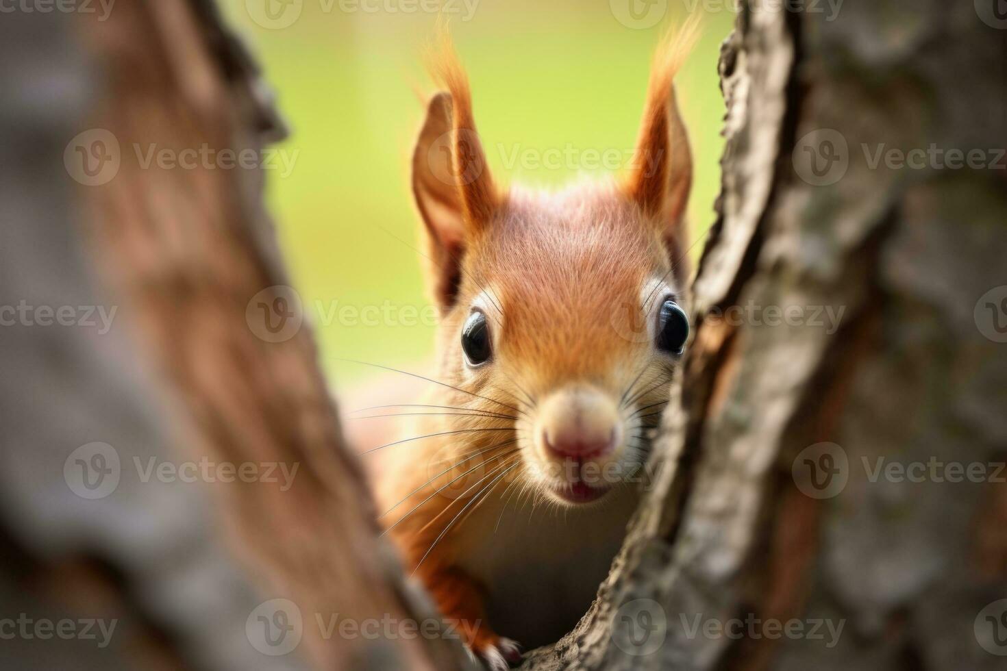 ai generado un linda ardilla asoma fuera de un árbol agujero foto