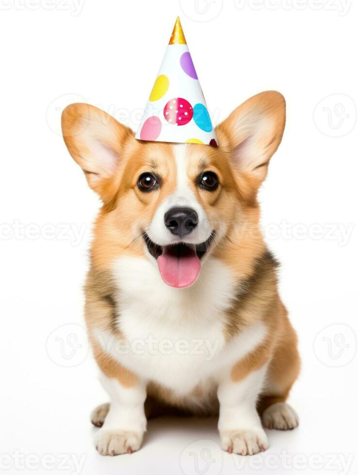 AI generated Cute Pembroke welsh corgi dog wearing birthday hat standing facing the camera photo