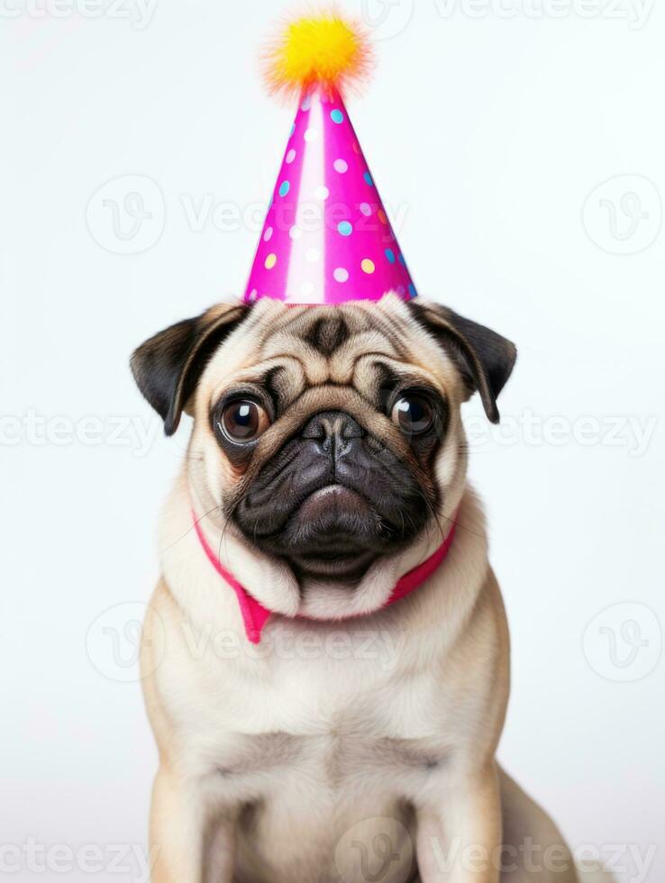 ai generado doguillo perro con contento expresión vistiendo cumpleaños sombrero foto