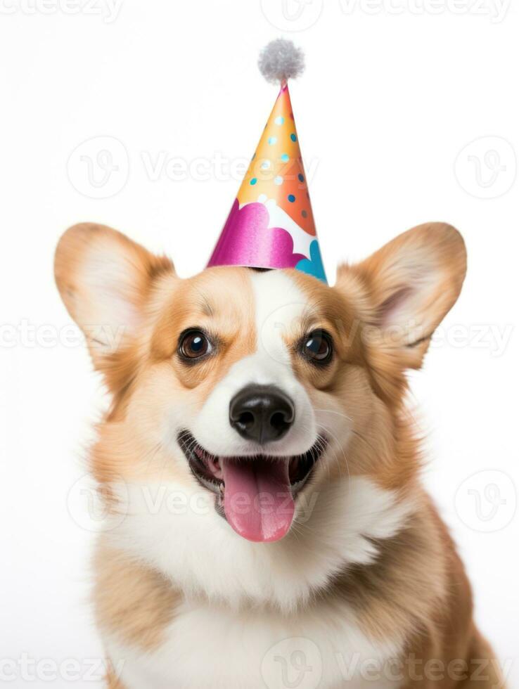 AI generated Cute Pembroke welsh corgi dog wearing birthday hat standing facing the camera photo