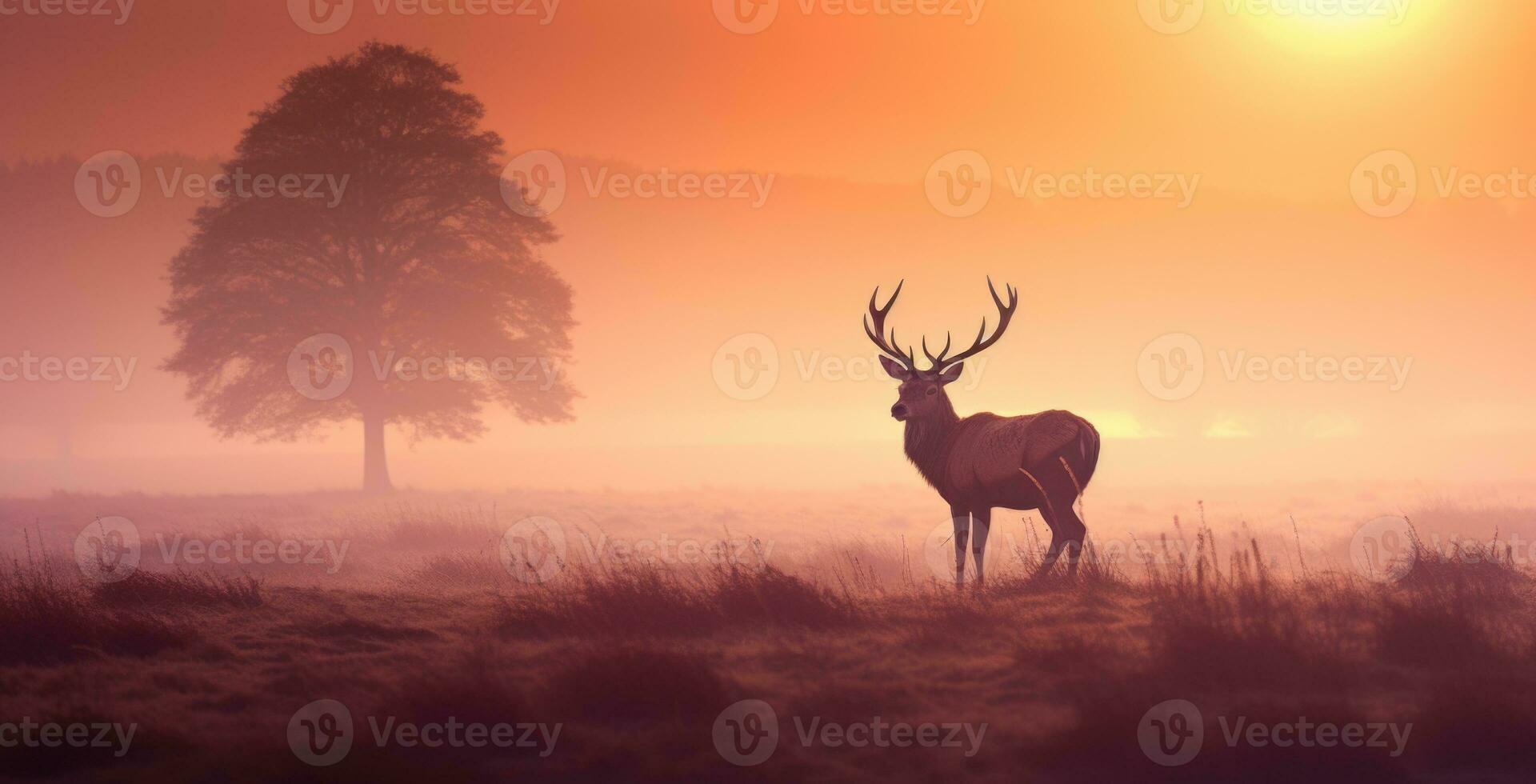 AI generated Mighty red deer standing in the savanna with dense fog in the morning, autumn theme photo