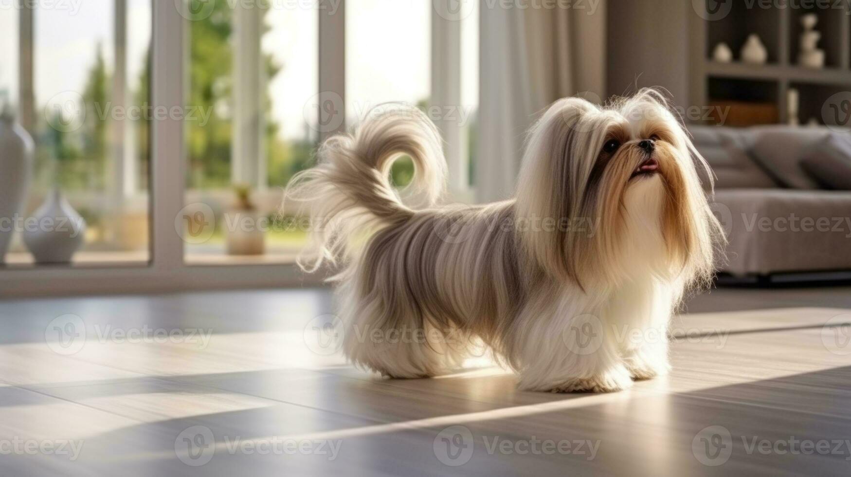 AI generated Cute Young Shih Tzu dog with long hair sitting on the room and looking at camera photo