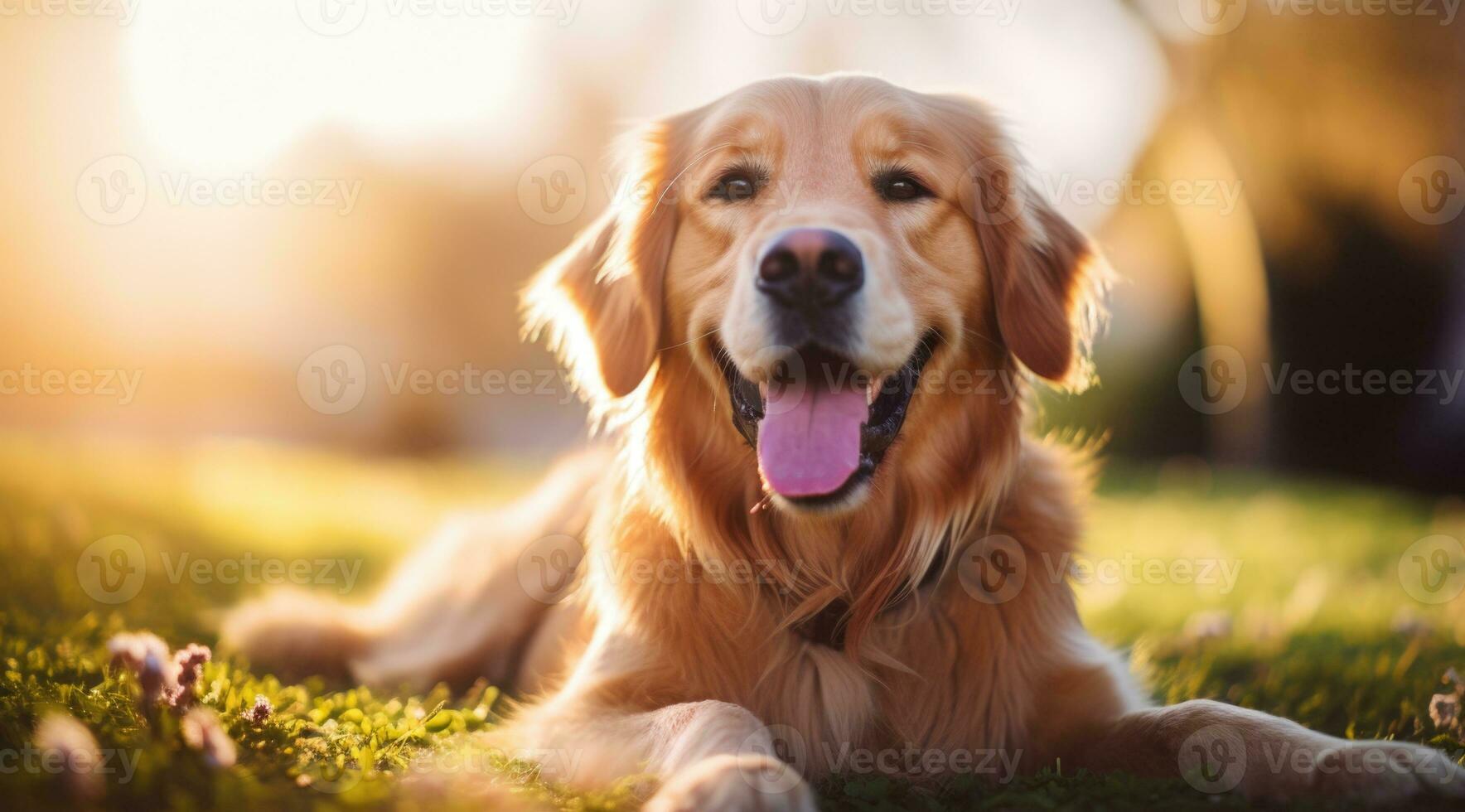 AI generated Golden retriever dog sitting on a pile of grass, spring theme concept photo