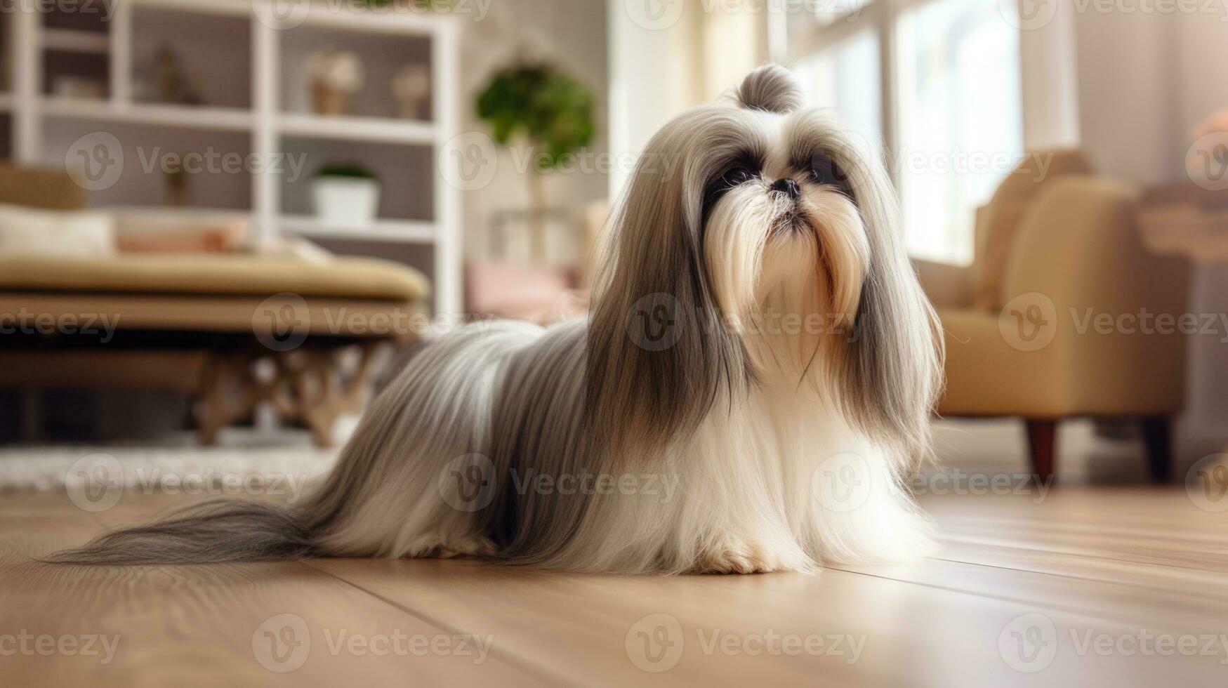 AI generated Cute Young Shih Tzu dog with long hair sitting on the room and looking at camera photo
