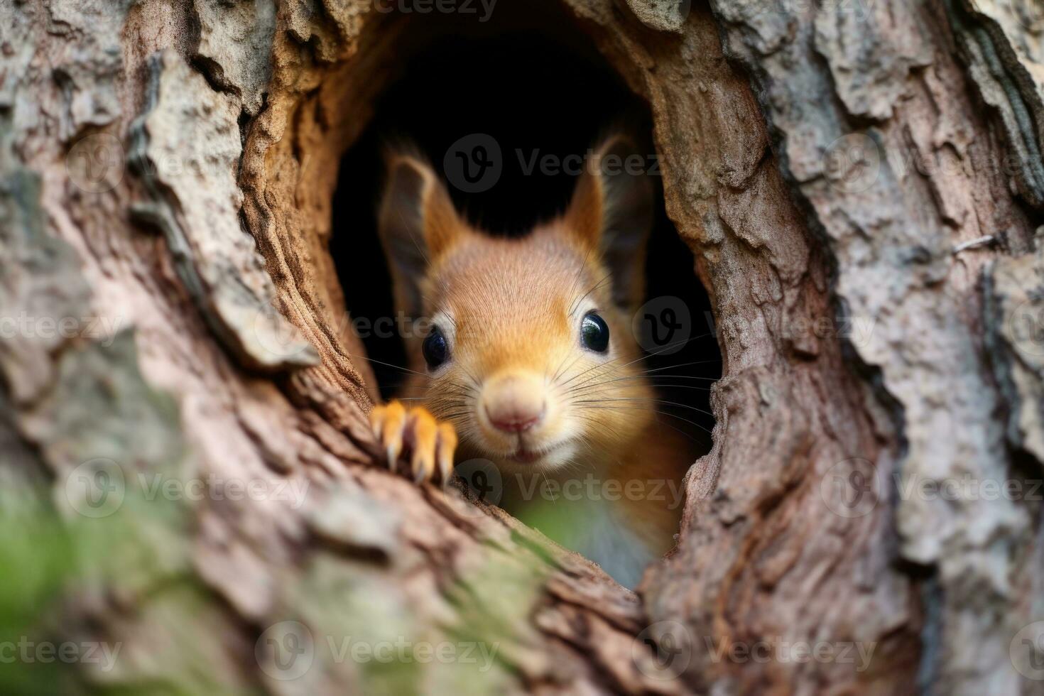 AI generated a cute squirrel peeks out of a tree hole photo