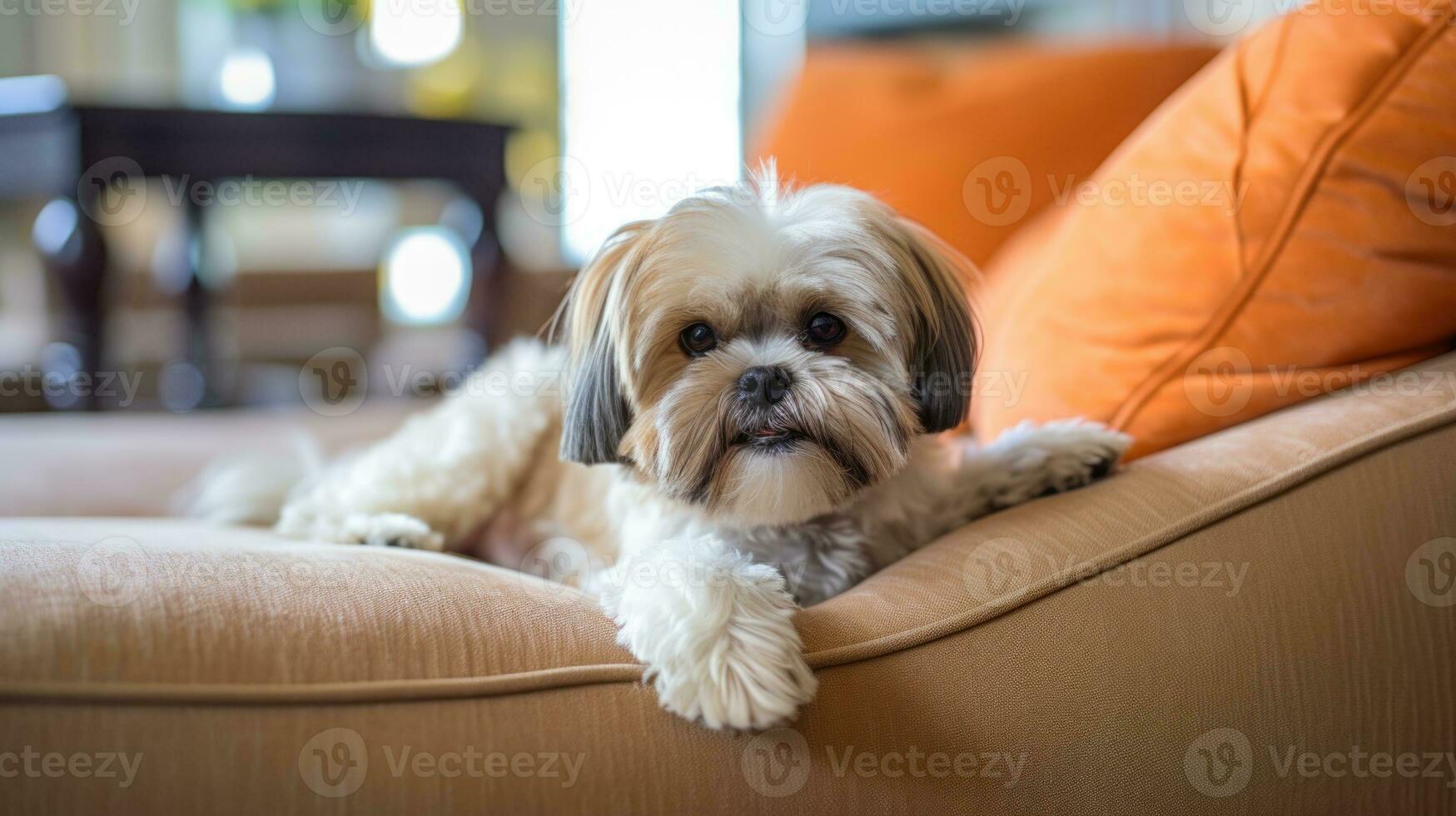 AI generated Cute Young Shih Tzu dog sitting on sofa and looking at camera photo