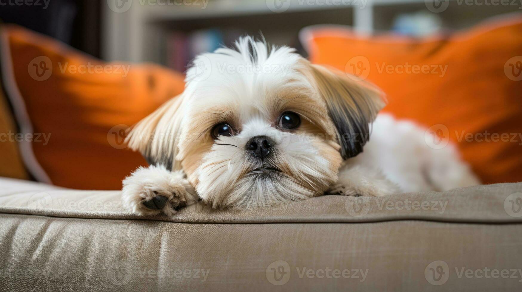 ai generado linda joven shih tzu perro sentado en sofá y mirando a cámara foto