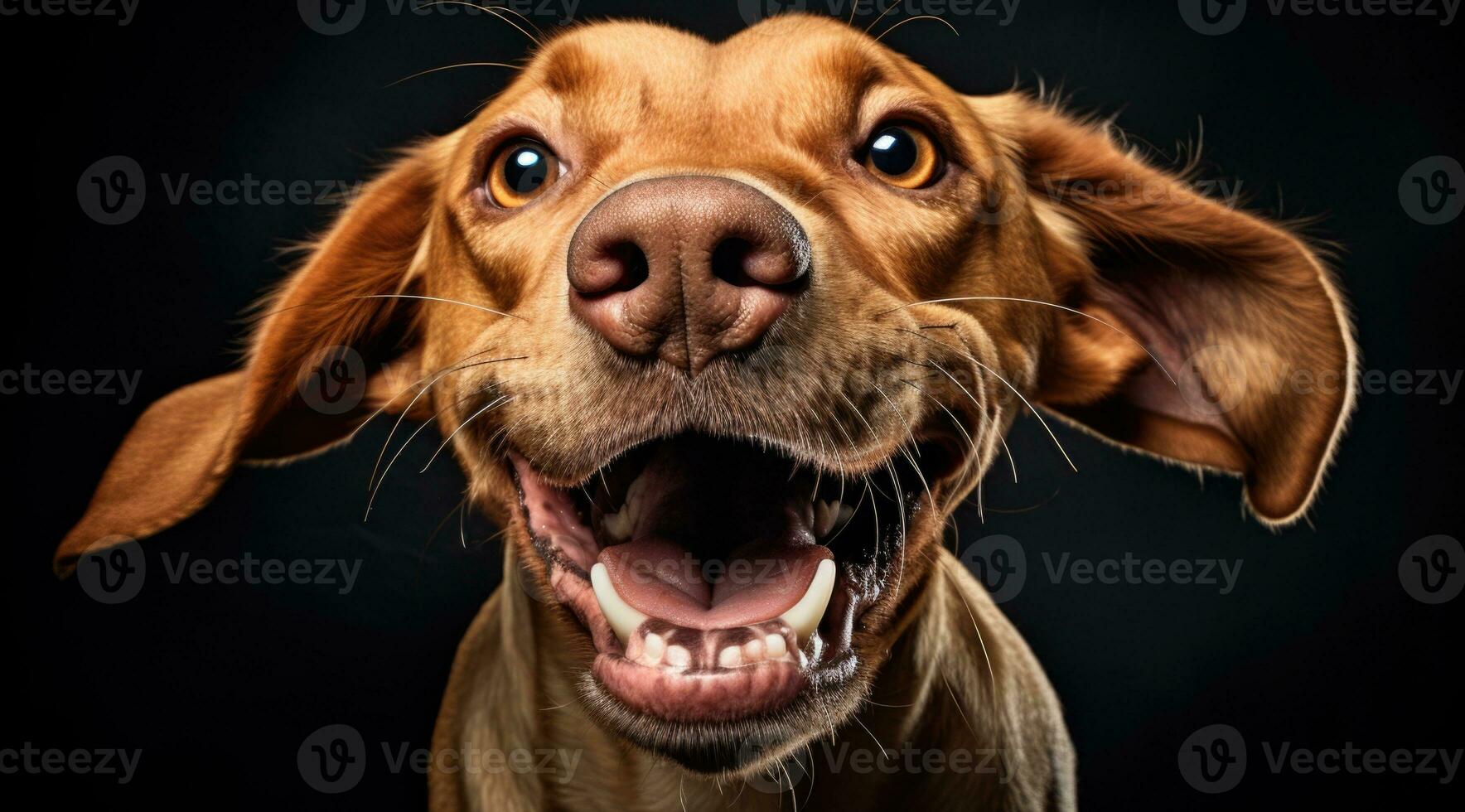 AI generated close up photo of happy Vizsla puppy sticking out tongue, isolated black background