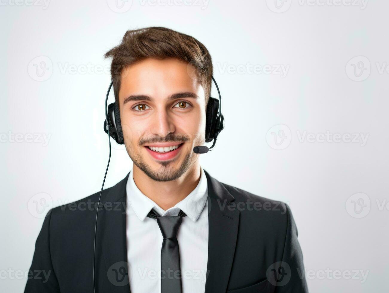 AI generated Half body photo of happy Caucasian call center worker with headphones standing with isolated white background