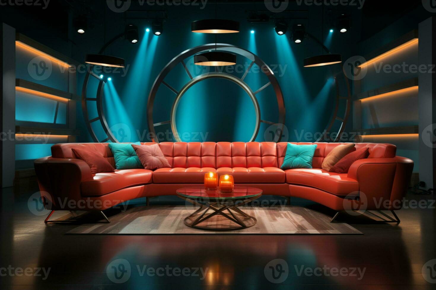 AI generated talkshow studio with lighting equipment and a couch photo