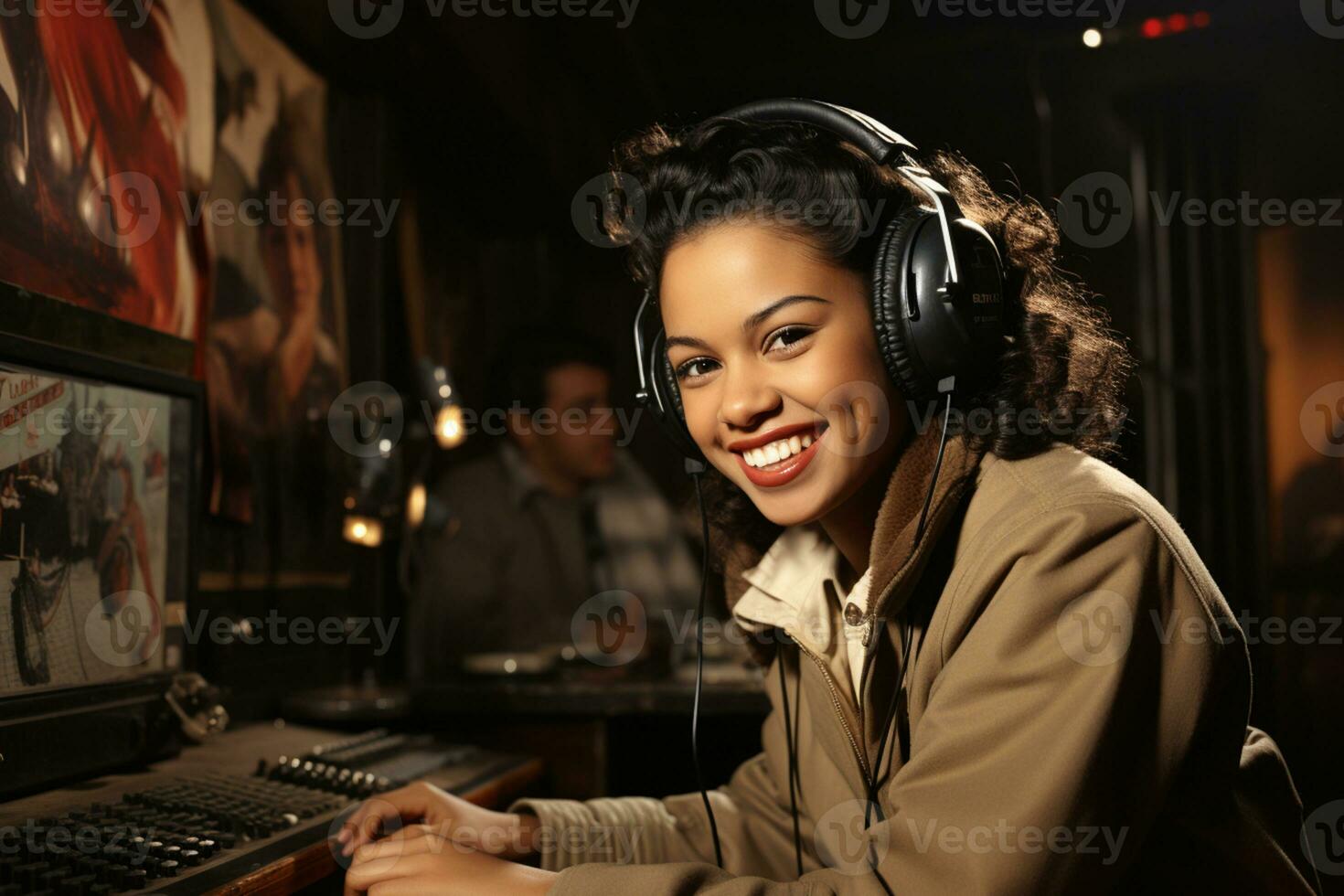 ai generado joven radio deejay sonriente y contento con su trabajo foto