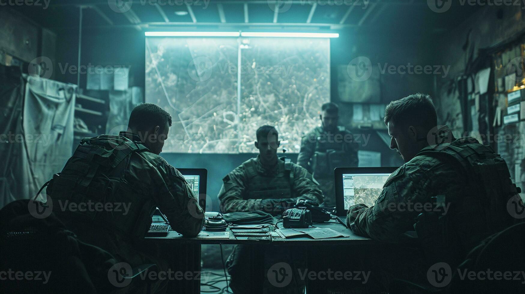 ai generado militar personal observando guerra en un mando habitación foto
