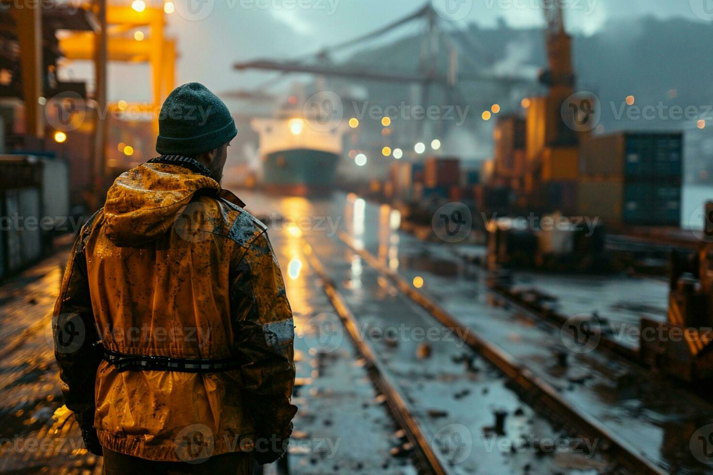 AI generated An engineer from behind at busy port full with ships and containers. photo