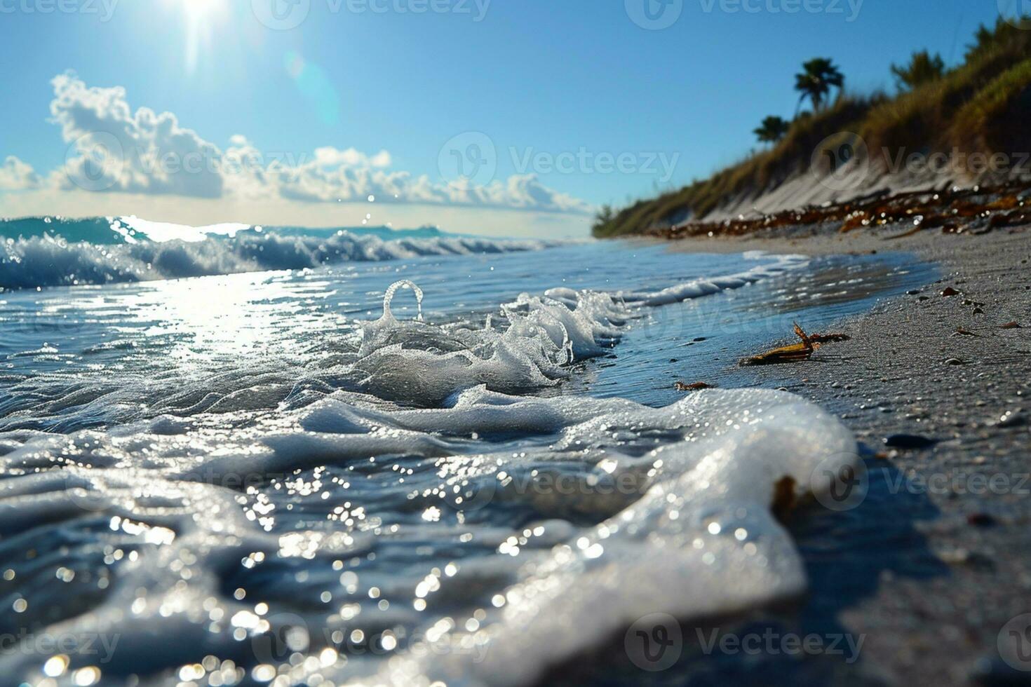 AI generated close up of a beach with bright sky photo