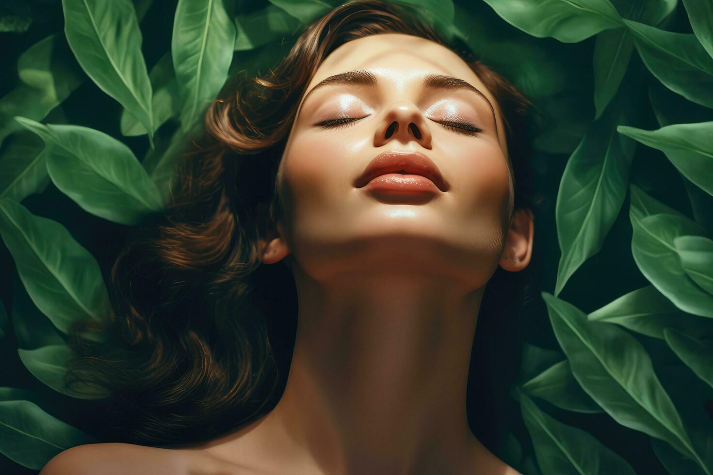 Close up face woman with eyes closed on background of green leaves wall., Relaxed and confident, Generative AI. photo