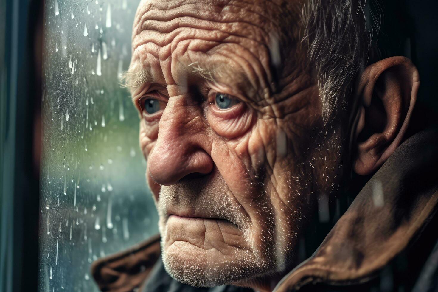 Senior man sad and depressed looking out of the window with raindrops on the glass window on a rainy day ,Generative AI. photo