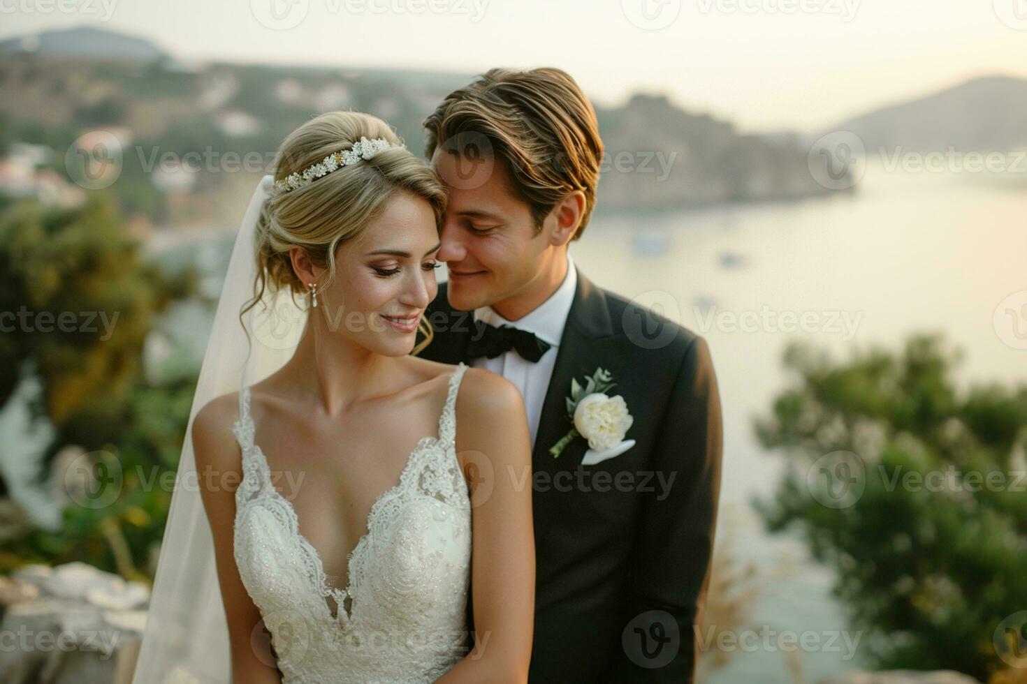 AI generated Young wedding couple enjoying romantic moments outside on a summer meadow photo