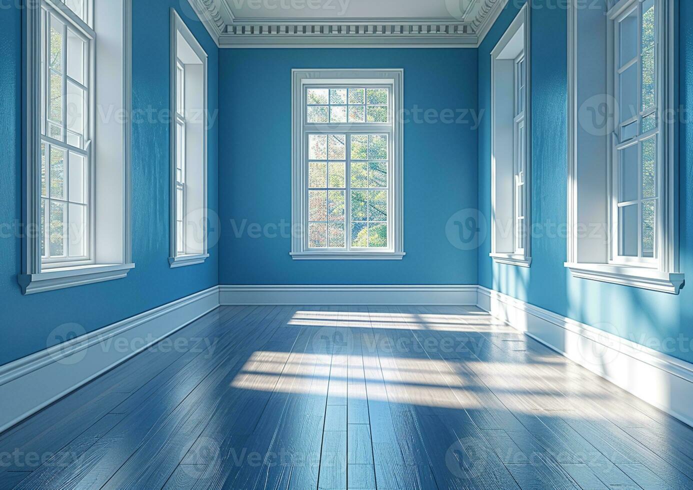 ai generado vacío Maestro dormitorio con ligero azul pared foto