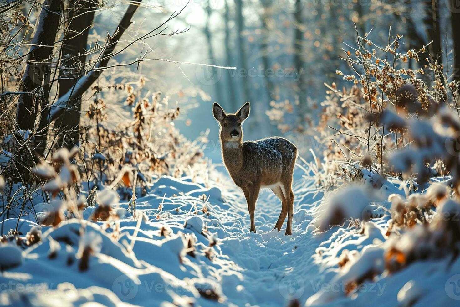 AI generated A deer walking on a snow during sunrise photo