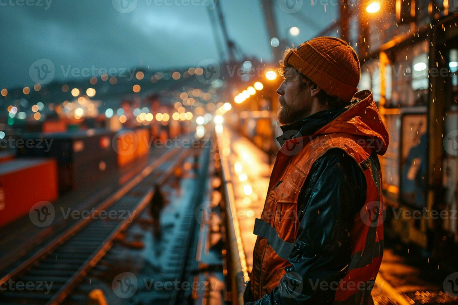 ai generado un ingeniero desde detrás a ocupado Puerto lleno con buques y contenedores foto