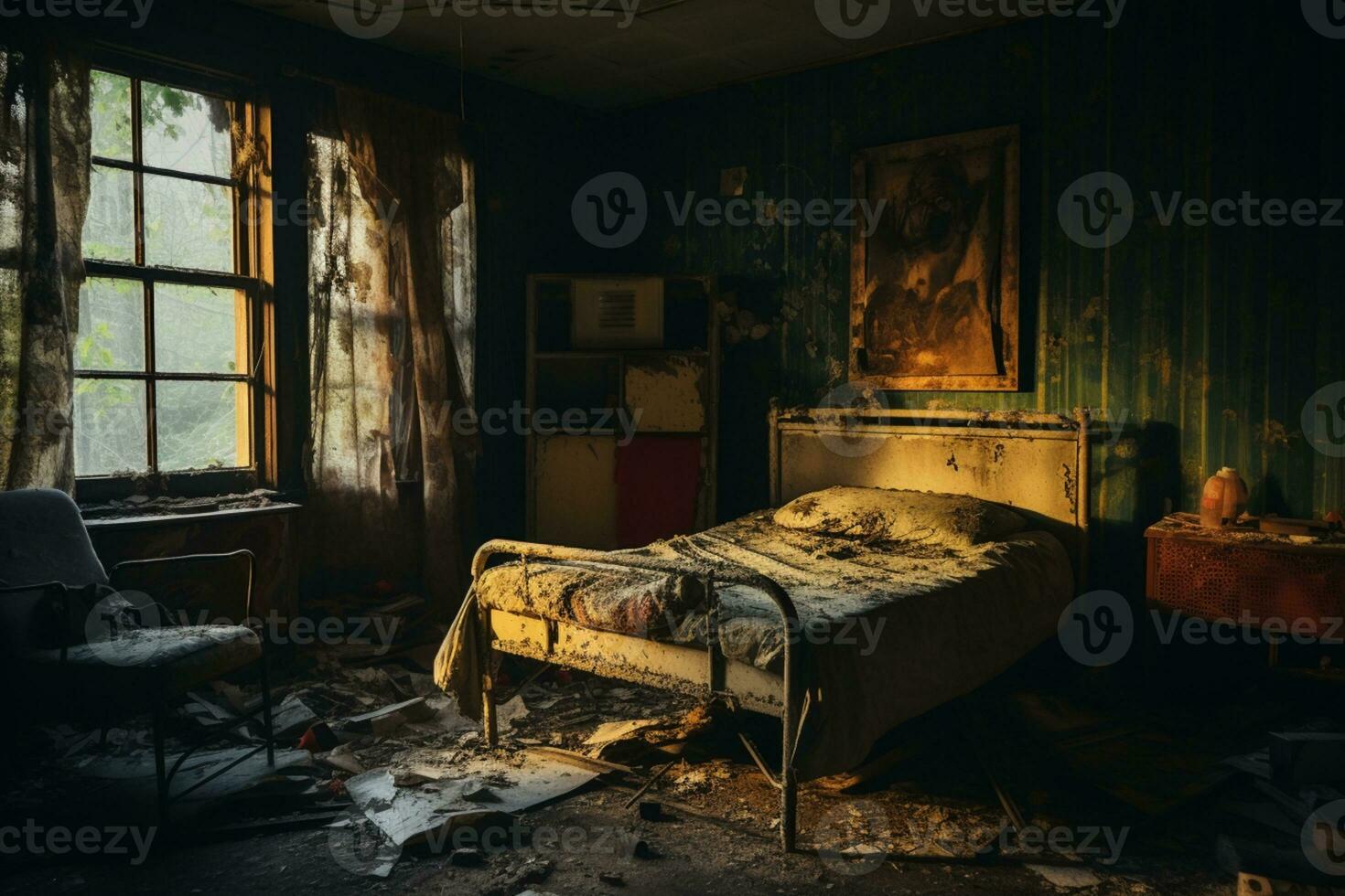 AI generated Abandoned old style bedroom with broken furniture photo