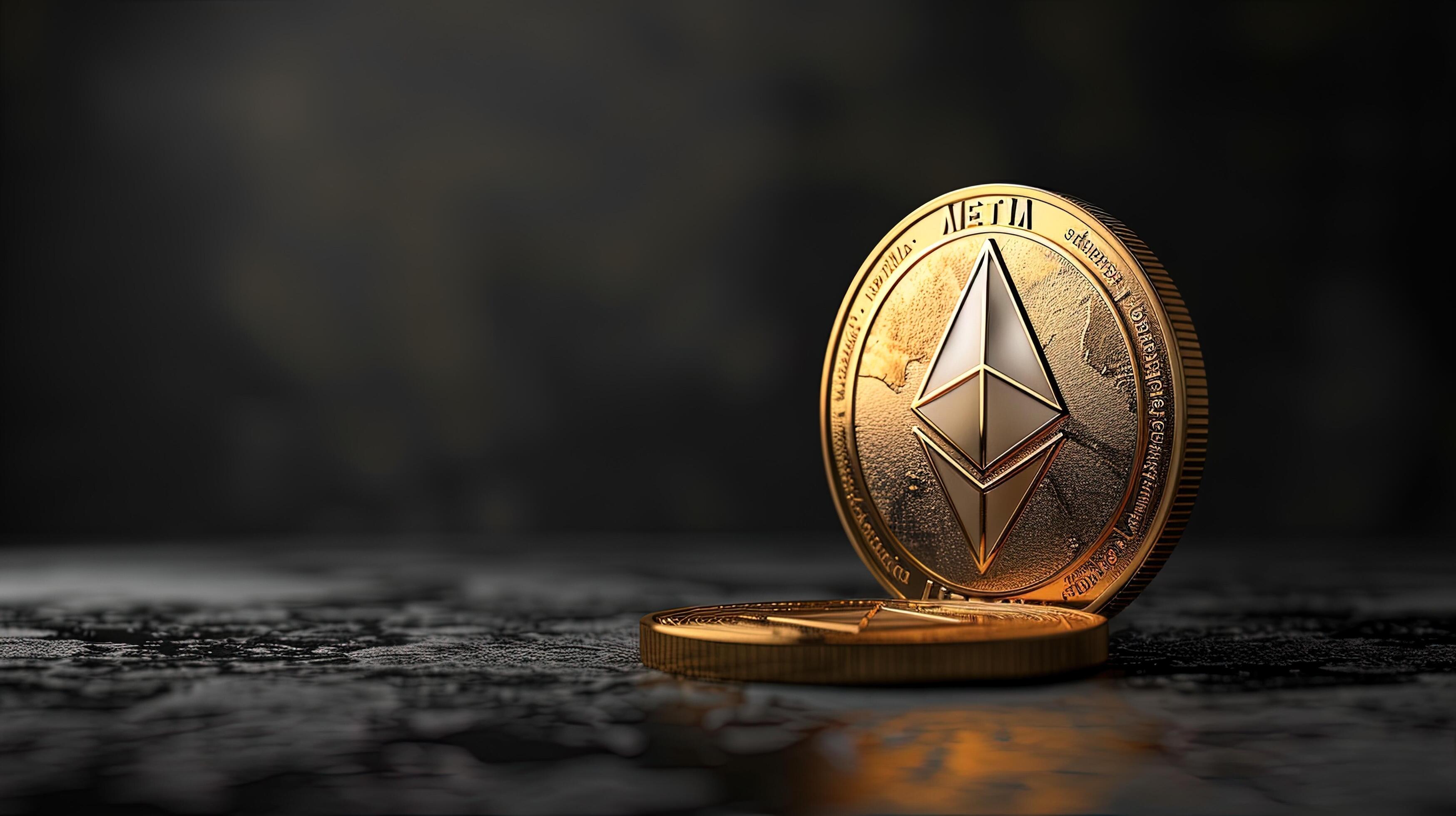 AI generated Ethereum coin on a dark background. Digital currency. AI
