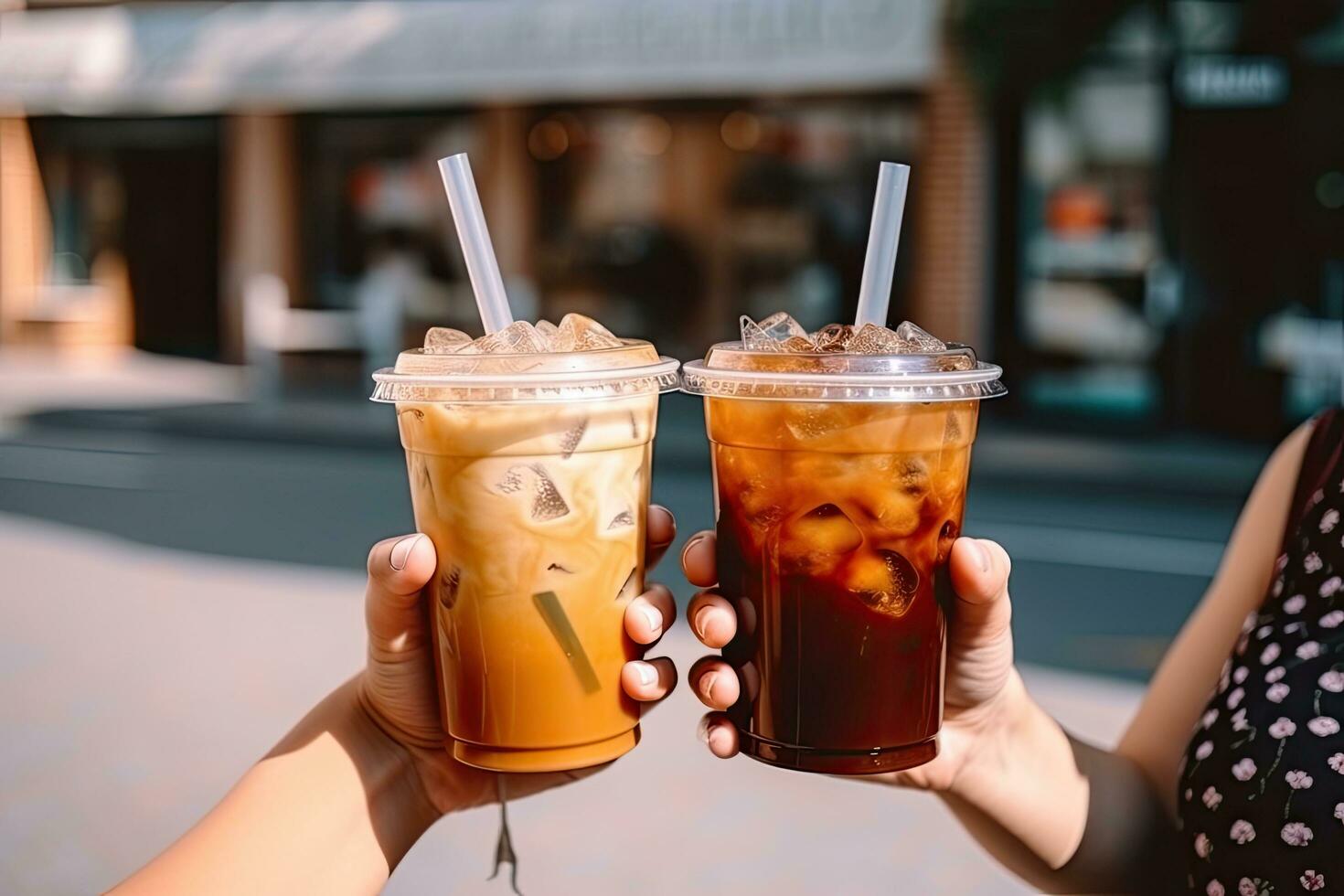 contento hembra amigos con hielo café en ciudad calle ,generativo ai foto