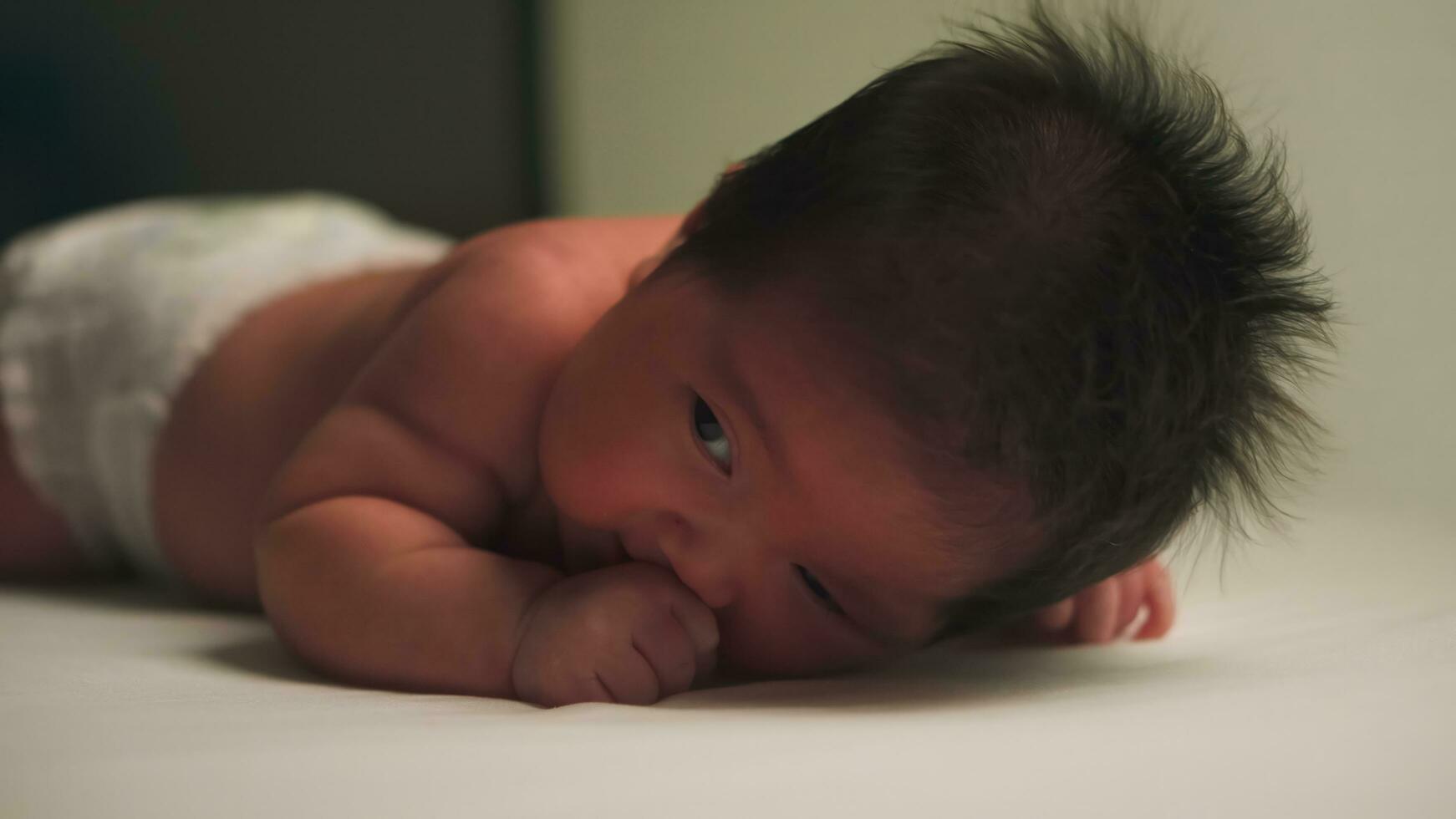 Portrait of a crawling baby, Cute newborn baby. photo