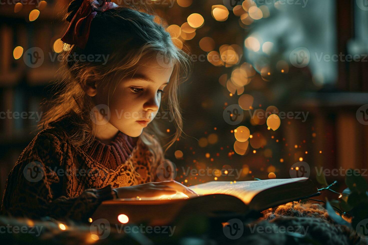 AI generated a child reading magical book glowing with symbols photo