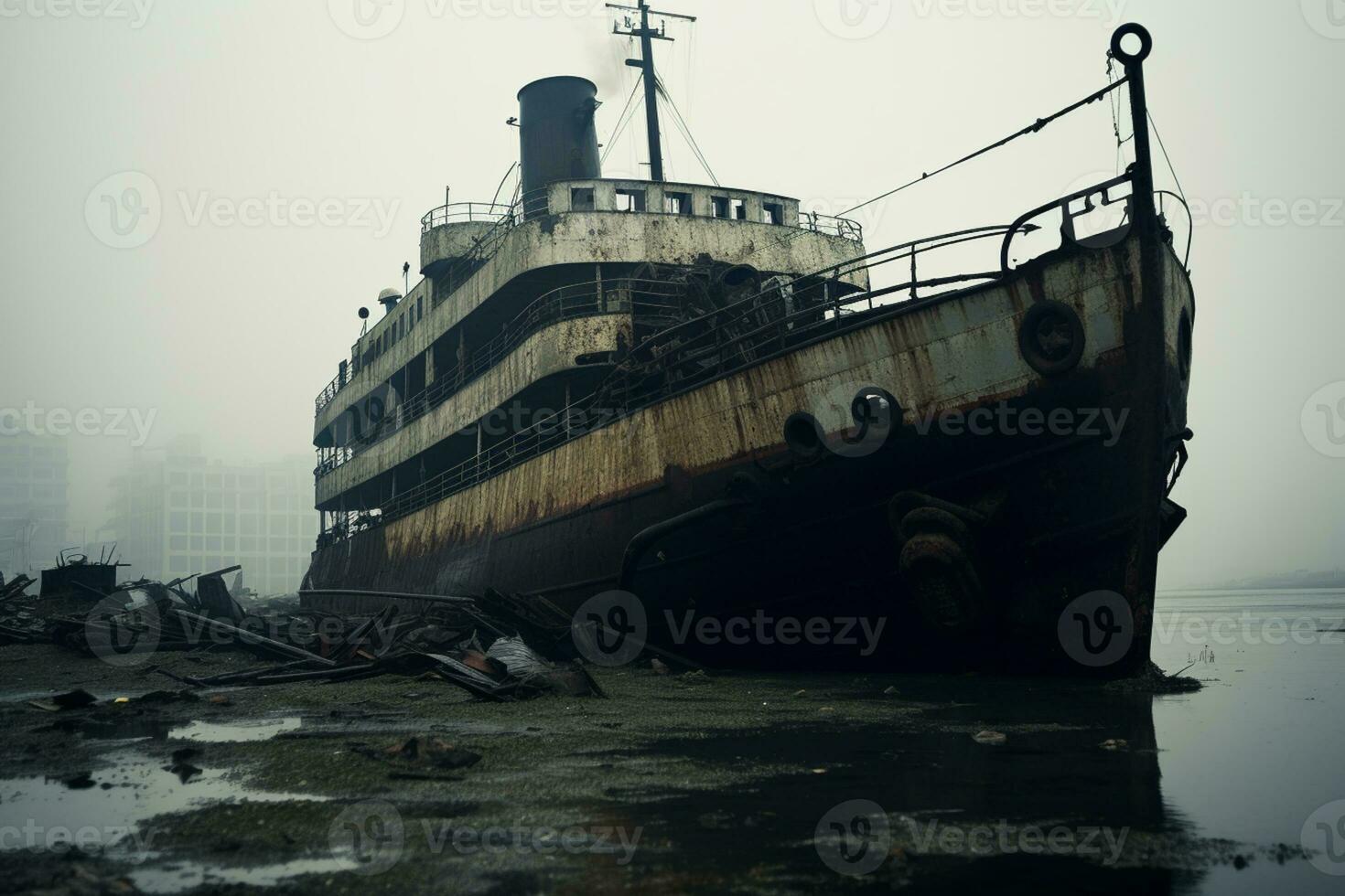 AI generated Abandoned and wrecked ship with gloomy surrounding photo