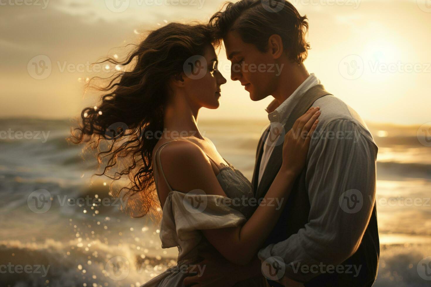 AI generated couples sharing their love at the beach photo