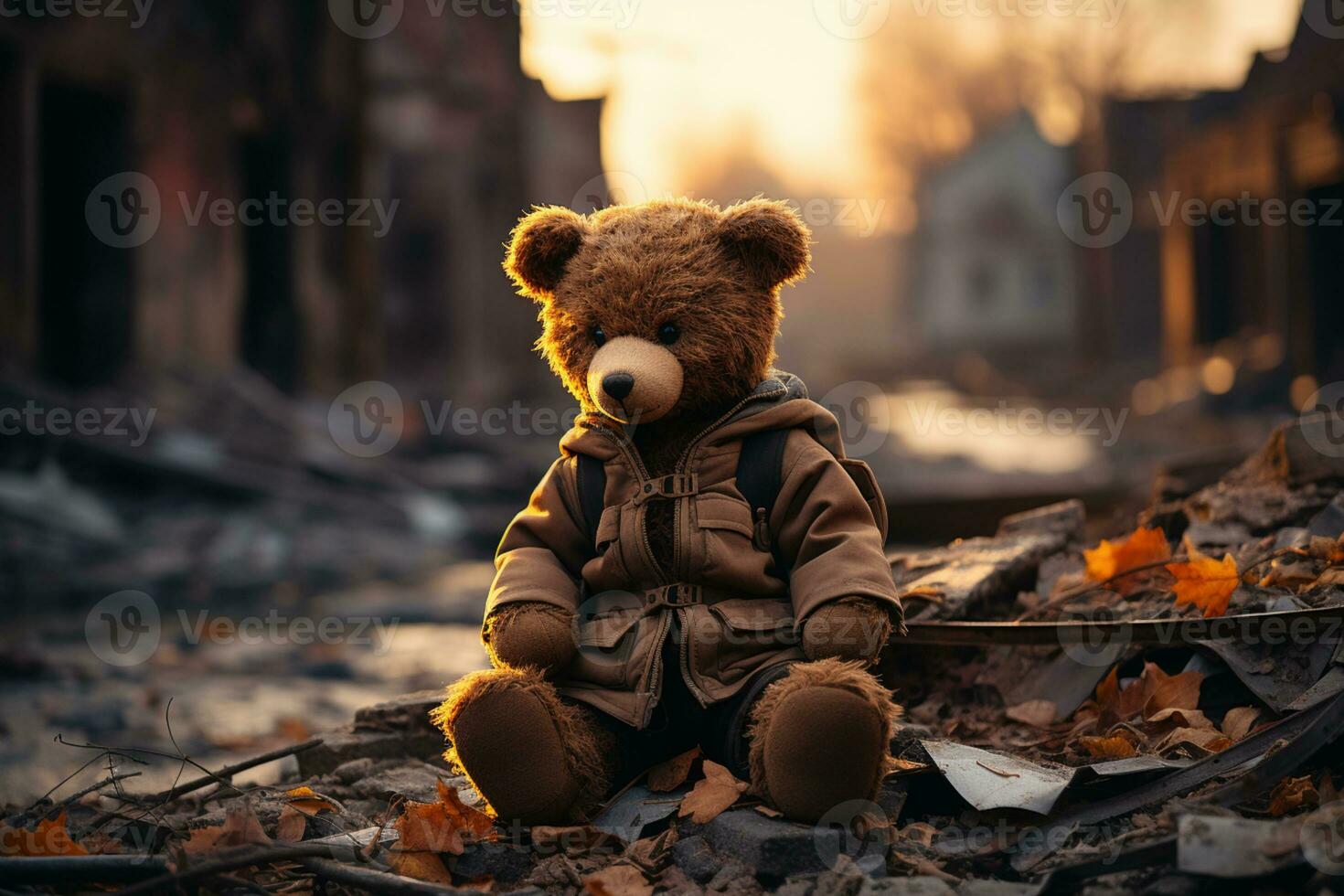 AI generated Brown Teddy Bear placed in front of a ruined houses due to war photo