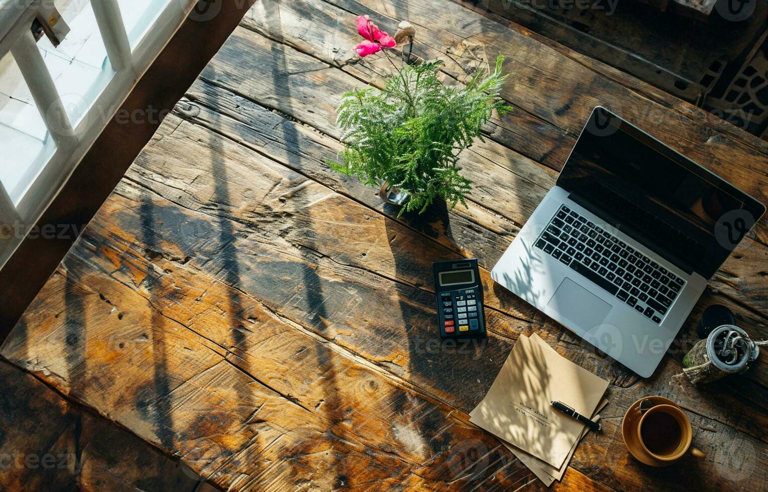 AI generated top view of office desk with laptop, calculator and paper, copy space photo