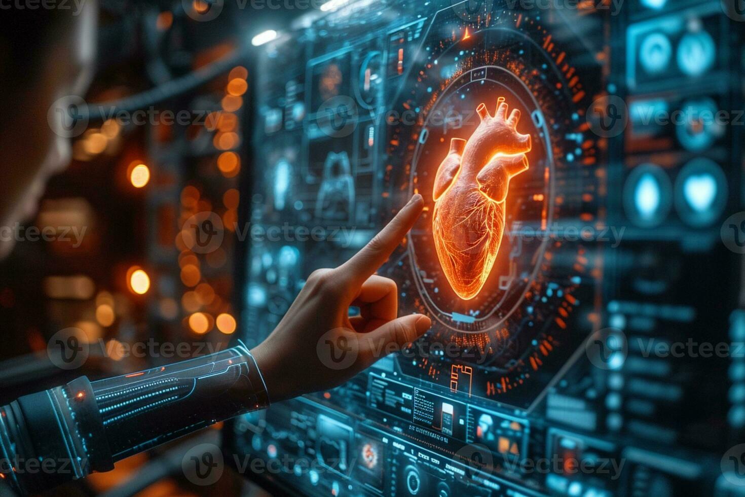 AI generated a hand pointing at a hologram display of a heart photo