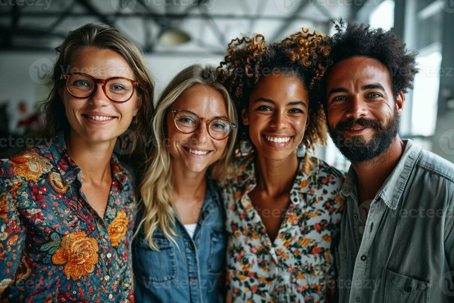 ai generado retrato de compañeros de trabajo felizmente trabajando juntos foto