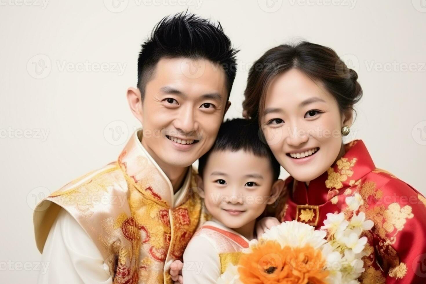 AI generated a family of young Chinese celebrating Chinese New Year with isolated white background photo