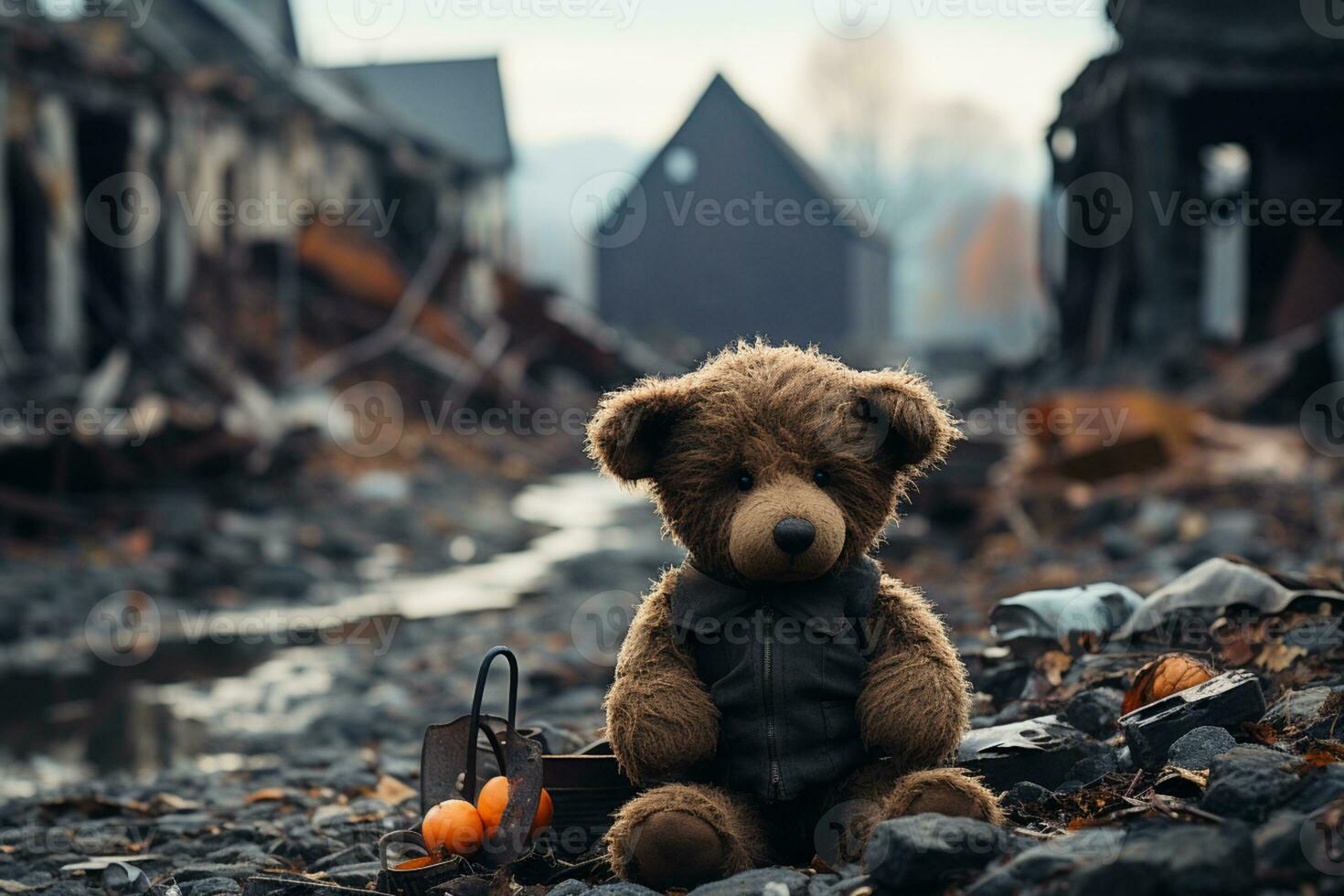 AI generated Brown Teddy Bear placed in front of a ruined houses due to war photo