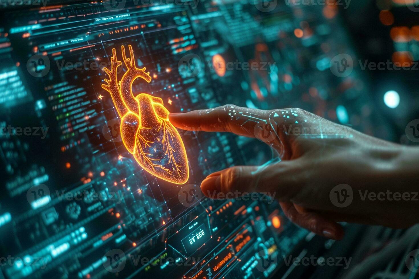 AI generated a hand pointing at a hologram display of a heart photo