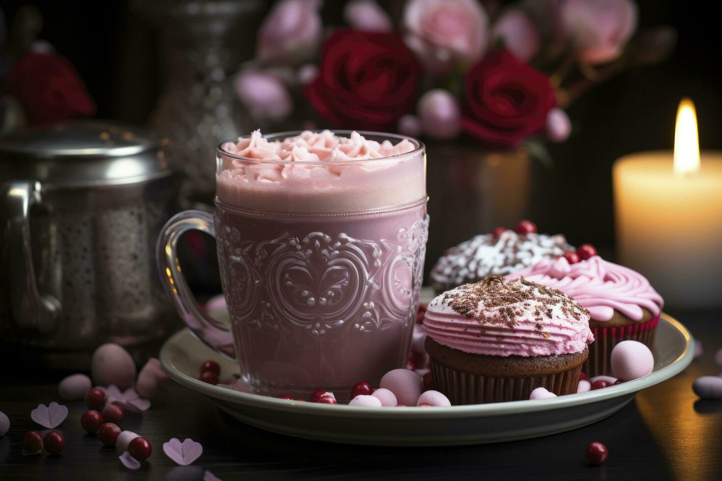 AI generated roses and candles, romantic decoration. generative ai photo