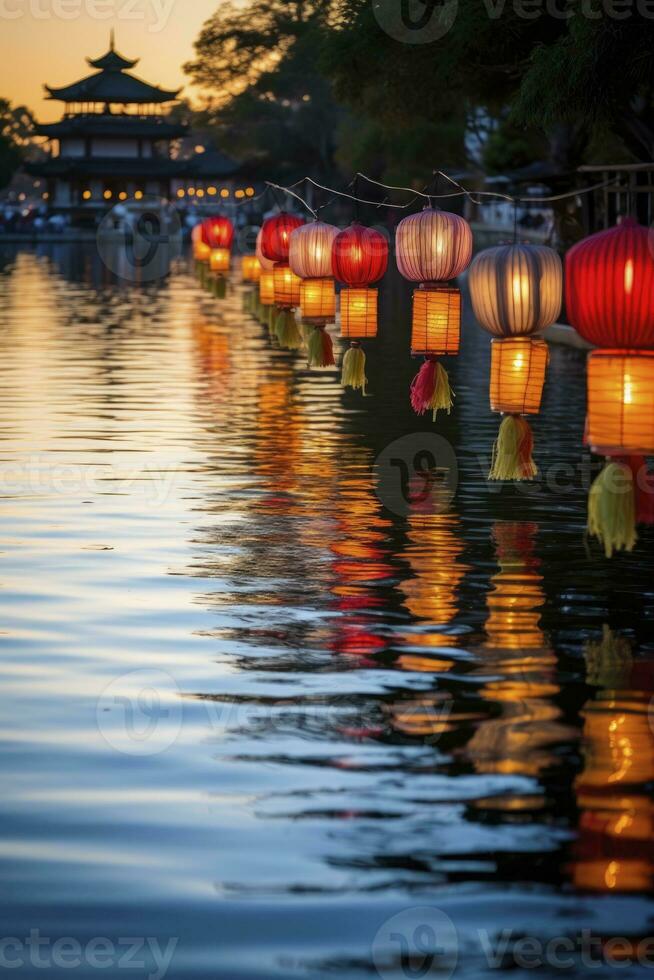 AI generated lanterns over the water during sunset. generative ai photo