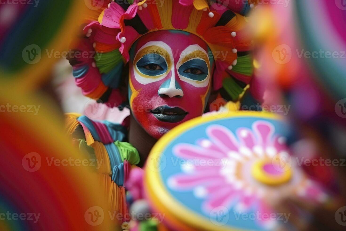 AI generated portrait of carnival drummer playing a drum in a march. generative ai photo