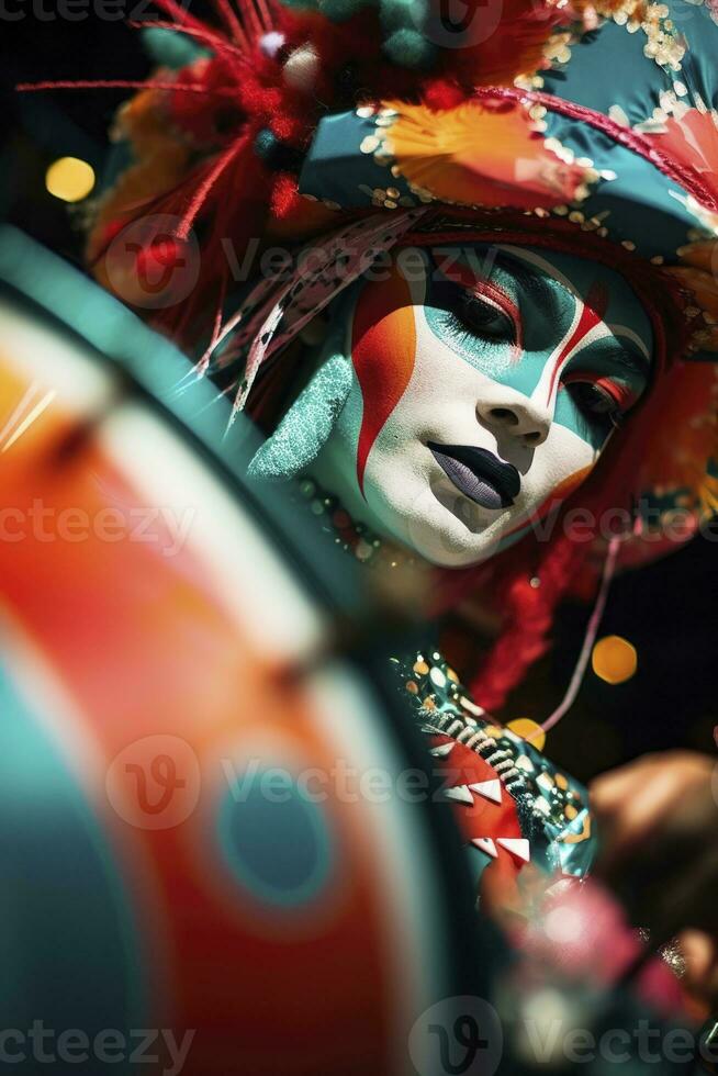 AI generated portrait of carnival drummer playing a drum in a march. generative ai photo