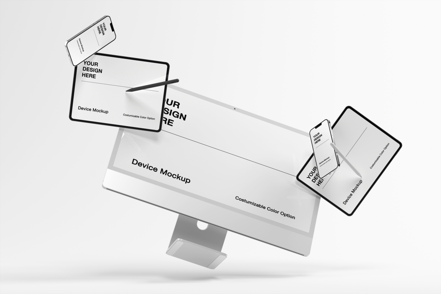Laptop, tablet, and phone mockup. Device mockup with minimal background and realistic scene psd