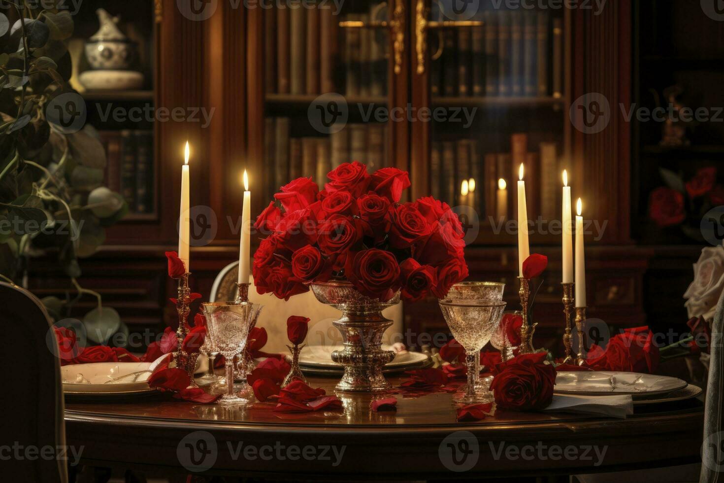 AI generated roses and candles, romantic decoration. generative ai photo