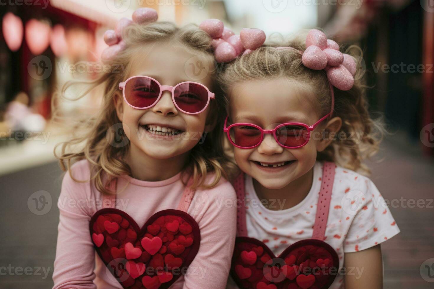 AI generated two little girls wearing pink heart glasses. generative ai photo